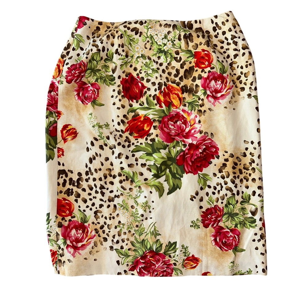 Sandra King Silk Linen Leopard Floral Pencil Skirt Womens 6 Animal Print Knee